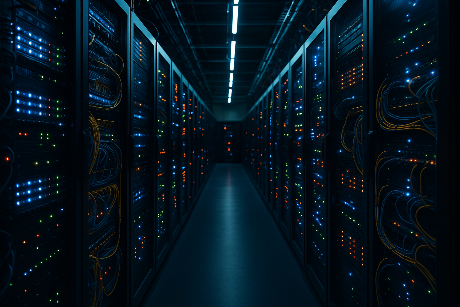 Modern datacenter with server racks and LED lights